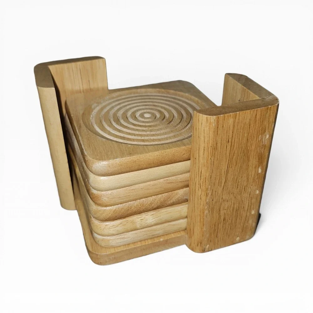 Coaster Set Brown Good Carved Wood Concentric Circles 6pc with Holder